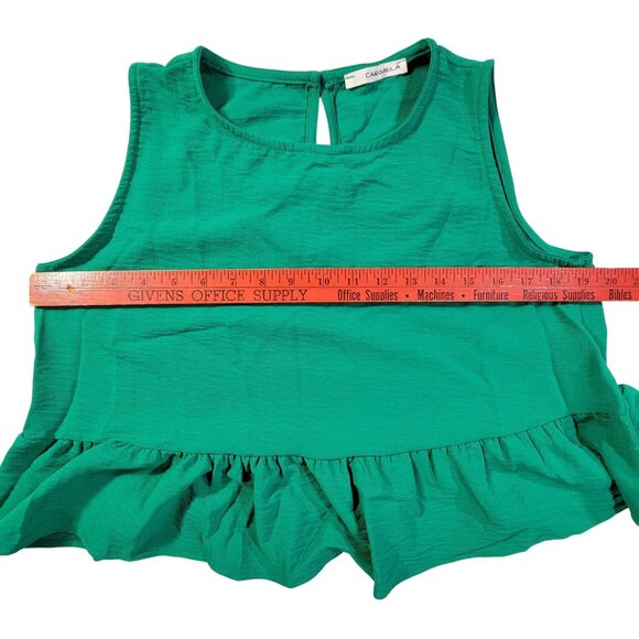 Caramela Green Sleeveless Womens Ruffle Hem Top Medium 100% Polyester USA - Picture 5 of 6
